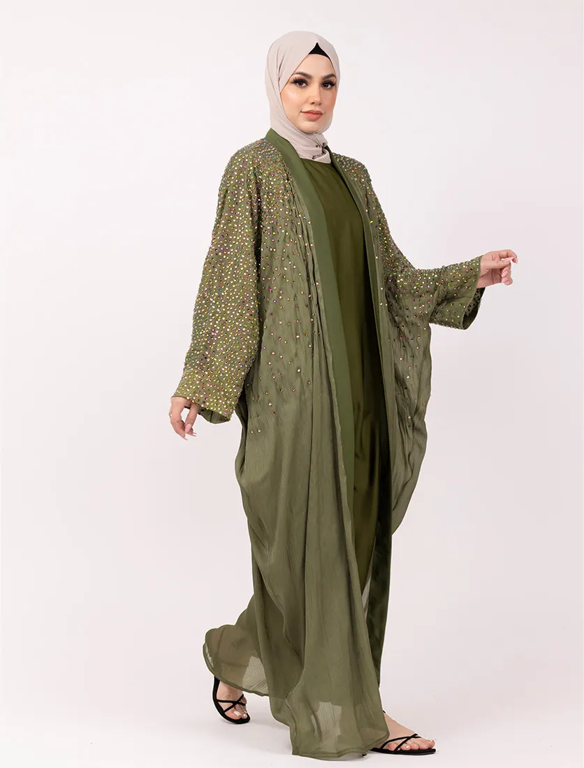 Olive Multi Crystal Embellished Sheer Overlay Abaya